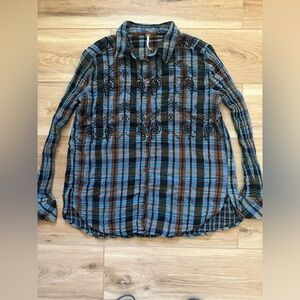Free People Magical Plaid Embroidered Top S
